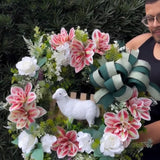 Guirlanda Decorativa de Páscoa com Ovelha - Flores Artificiais Rosa e Branca