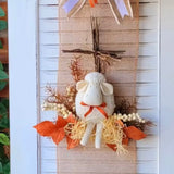 Enfeite de Porta Páscoa com Ovelha - Painel em Juta com Flores Secas e Laço