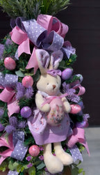 Árvore de Páscoa com Coelhinha - Flores Lilás e Rosa com Laços de Bolinhas