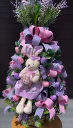 Árvore de Páscoa com Coelhinha - Flores Lilás e Rosa com Laços de Bolinhas