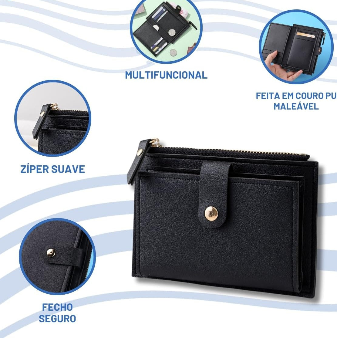 Carteira Feminina Slim Luxo em Couro PU Porta Cartão com Zíper, Compacta, 6 Compartimentos, Porta Moedas – Pequena, Prática e Segura