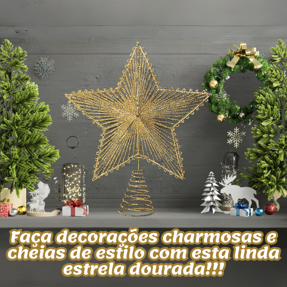 Estrela 24cm Brilhante Aramada Com Glitter Para Árvore De Natal Metalizado