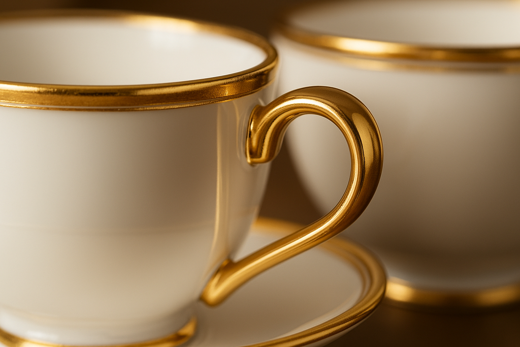 Conjunto 6 Xícaras Café Porcelana Dourada - Com Pires