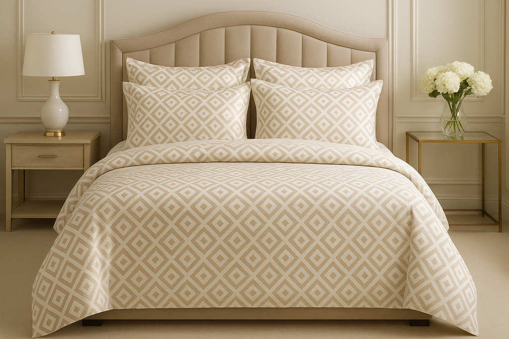 Jogo de Cama King Geométrico Bege e Branco - 4 Peças