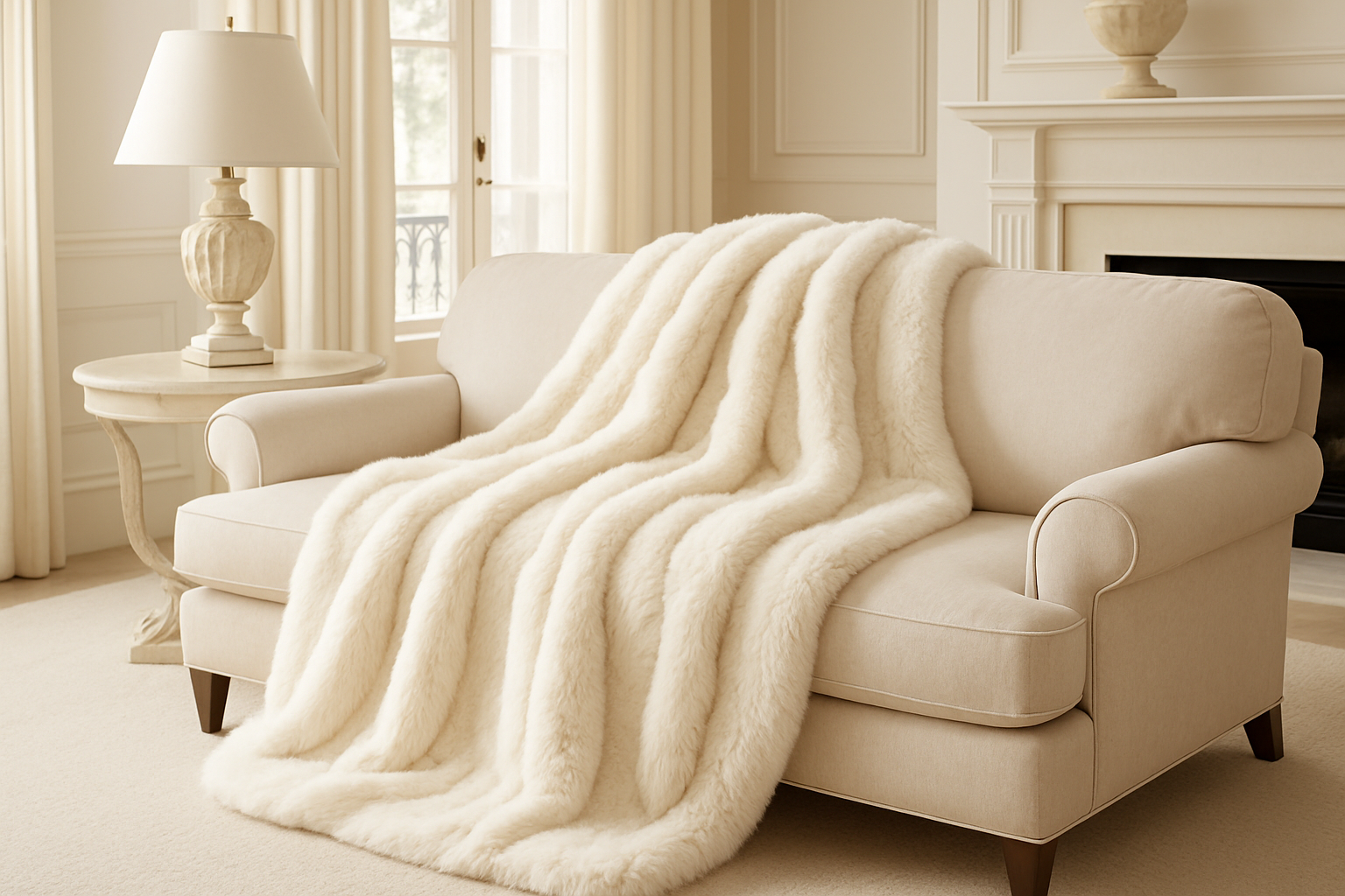 Manta Pelúcia Creme Pelo Alto - Sofá Luxo 125x150cm