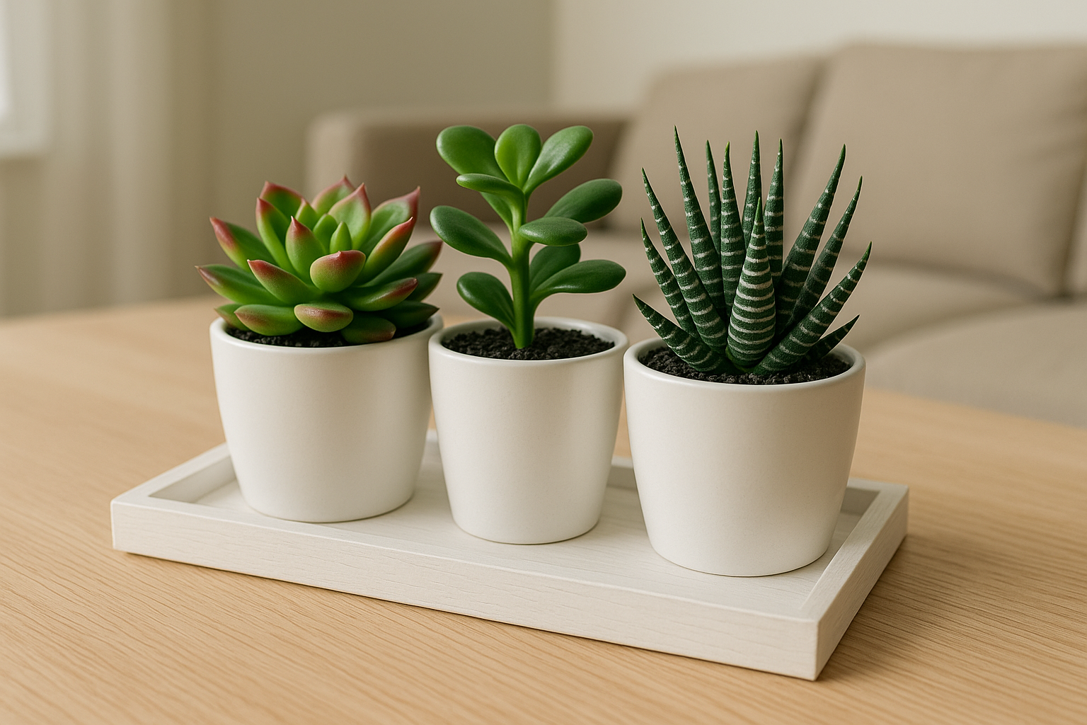 Kit 3 Suculentas Artificiais com Vasos e Bandeja Branca